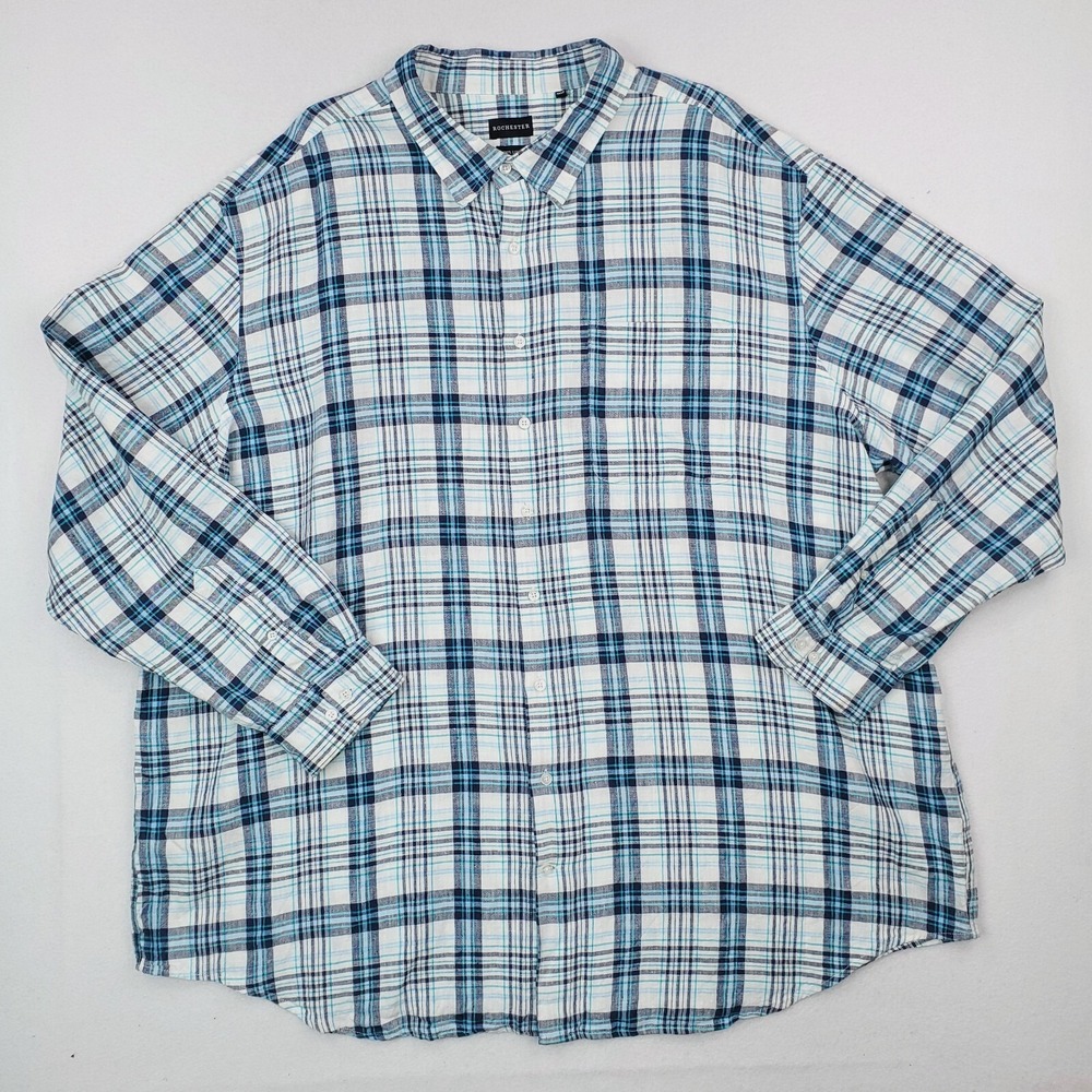 Rochester Shirt Mens 4XLT Blue Linen Button Down Tartan Plaid Breathable Preppy